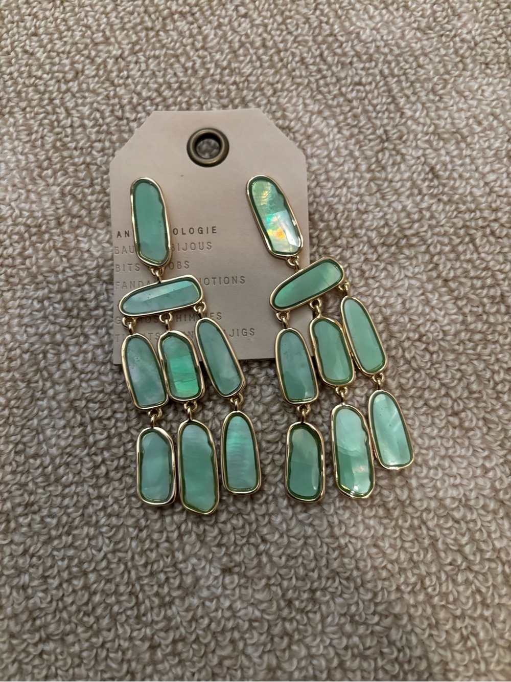 Anthropologie Colorful Turquoise Green Stone Drop Tiered Chandelier Earrings NWT